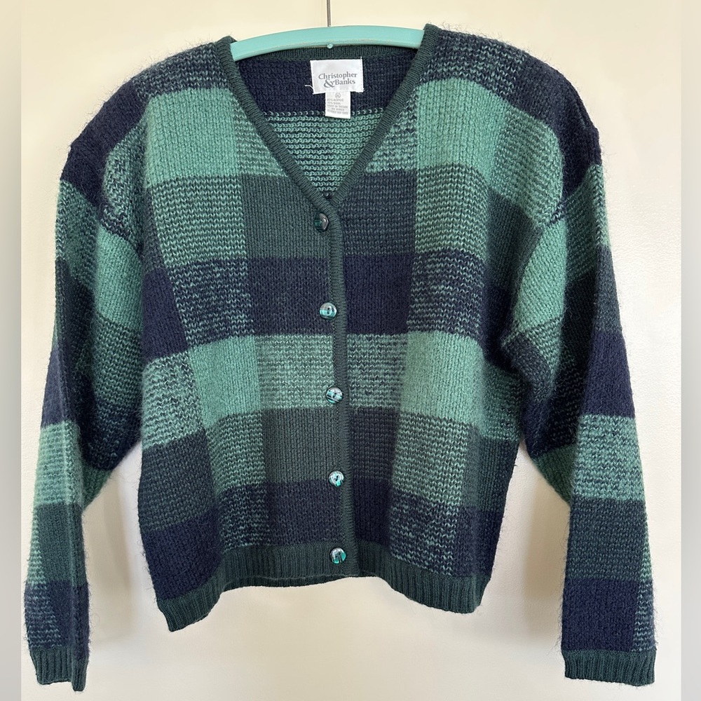Christopher & Banks Checkered V-Neck Cardigan - Green and Black